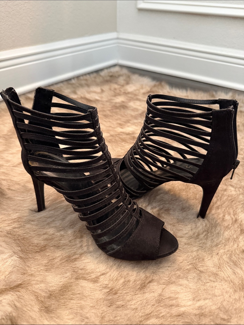Brash Black Strappy Open-Toe Stiletto Booties